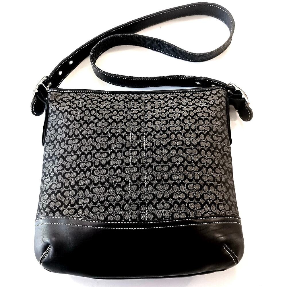 Vtg Y2K Coach Jacquard dbl signature C Crossbody leather strap 11x11 gray/blk